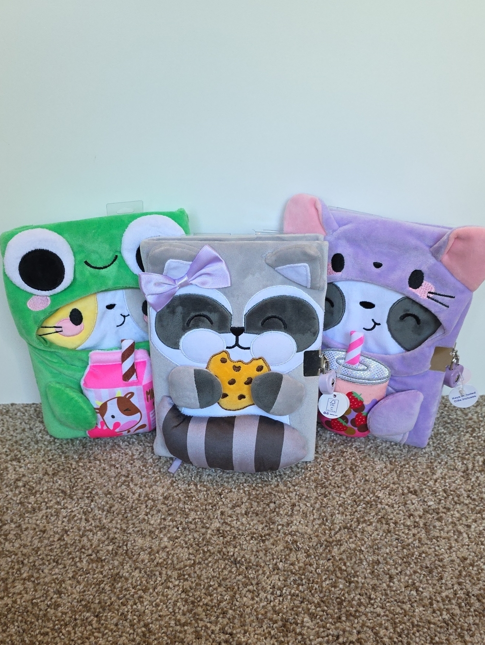 Claire's Plush Lock Diaries Set Of 3 - NWT Racoon, Panda / Mouse, Cat / Frog